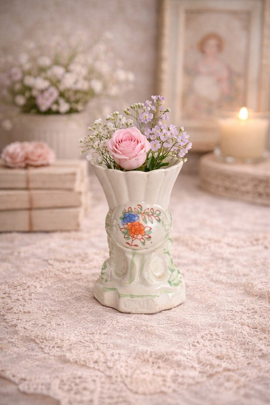Vintage Japan Hand Painted Ceramic Bud Vase Raised Floral Cottage Decor